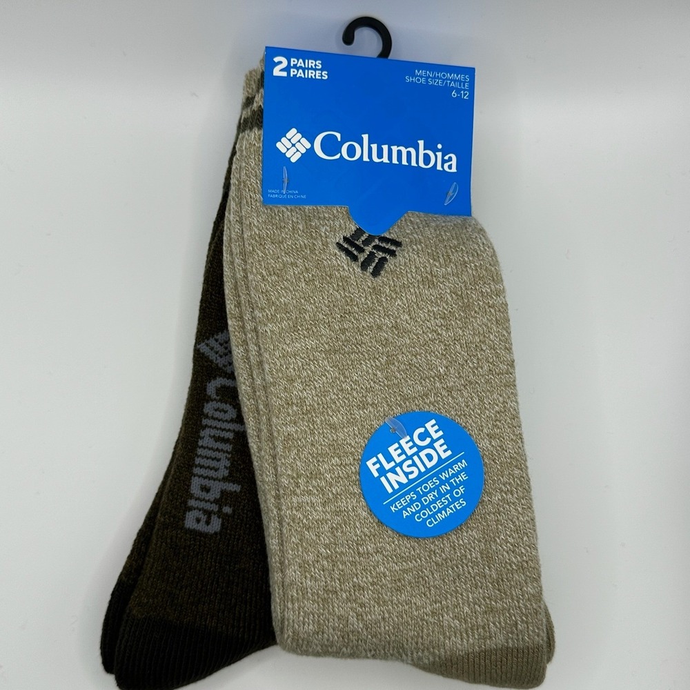 Columbia Fleece Lined Crew Socks Mens 6-12 Brown Khaki 2 Pair NWT - Picture 1 of 2